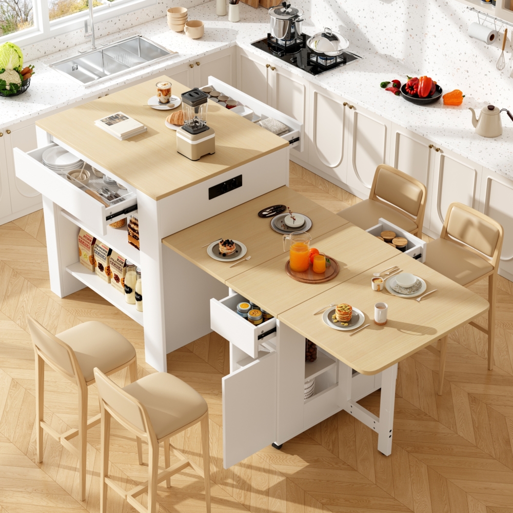 Merax Ausziehbarer Bartisch mit Stauraum(110-124×78×97.5cm), für 2-6 Personen, Kücheninseln mit 2 Schubladen, 2 seitliche offene Regale und eingebaute Steckdose, Weiß Bild 1