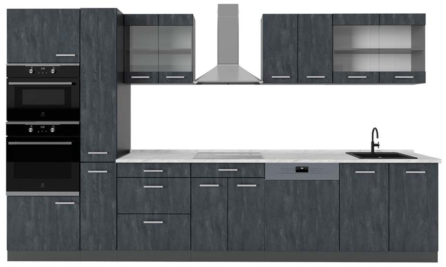 Vicco Komplettküche Schwarz Beton/Anthrazit 350 cm , AP Marmor, R-Line Bild 1
