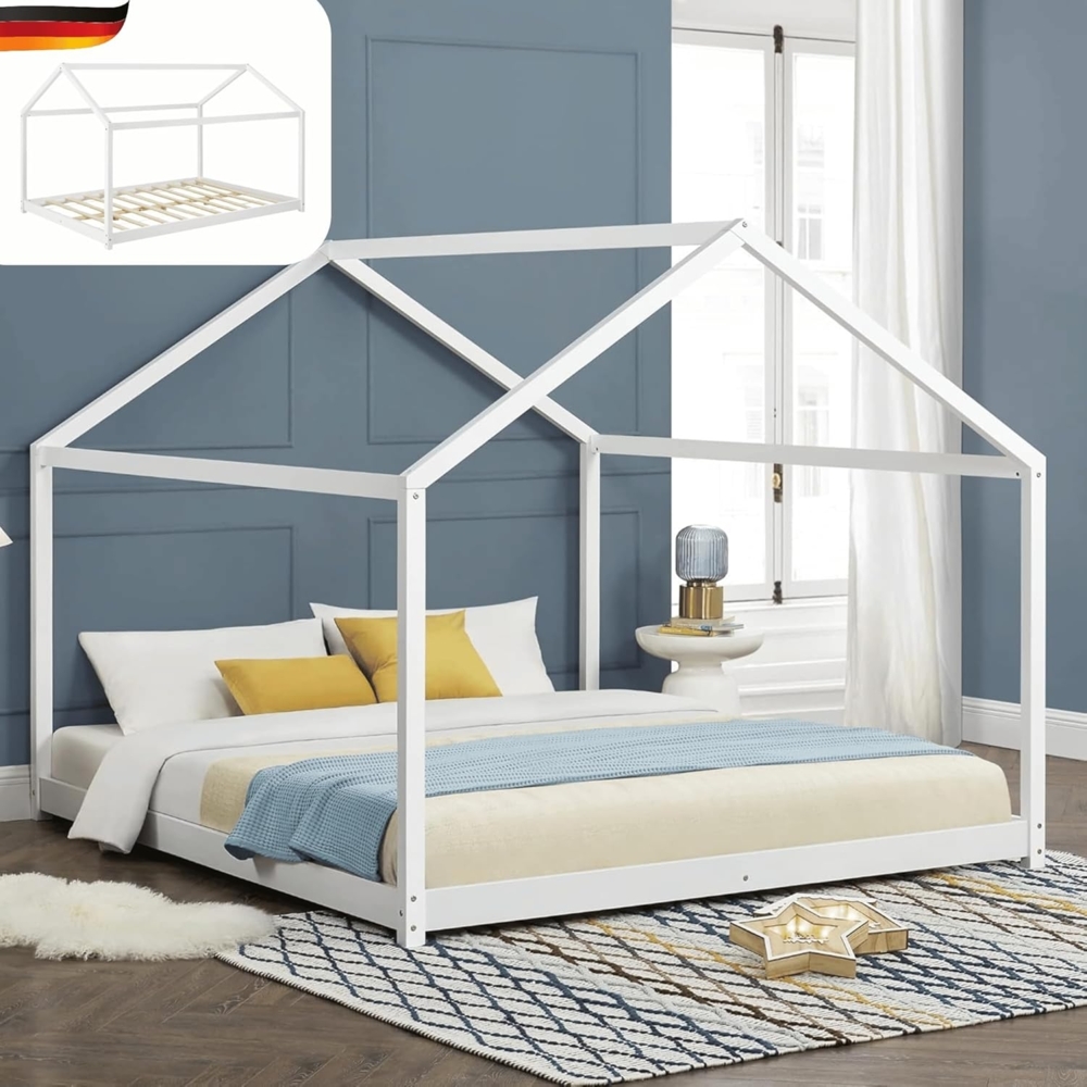 DELUKE® Hausbett FOGO, Kiefernholz, Weiß, 180x200 cm, mit Lattenrost Bild 1