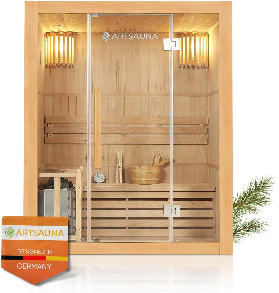 Artsauna Saunakabine Tampere mit Harvia Ofen – 2 Personen – Hemlock Holz, große Glasfront und LED Licht – Inkl. Thermometer & Sanduhr – Komplett Set Bild 1