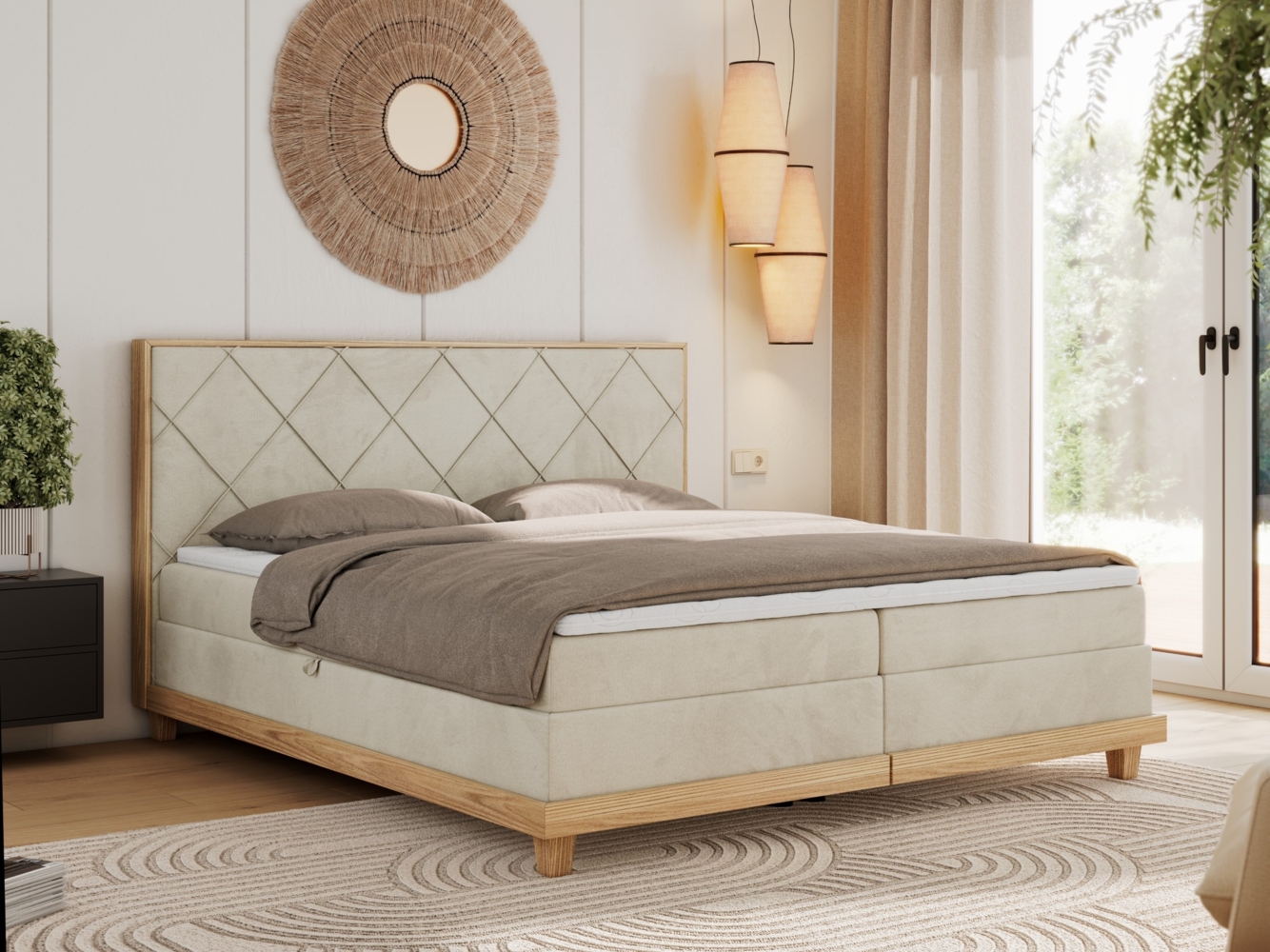 Boxspringbett mit Massivholzelementen und Multipocket - Matratzen - CAICOS - 180 x 200 cm - Beige Velours - H4 Bild 1