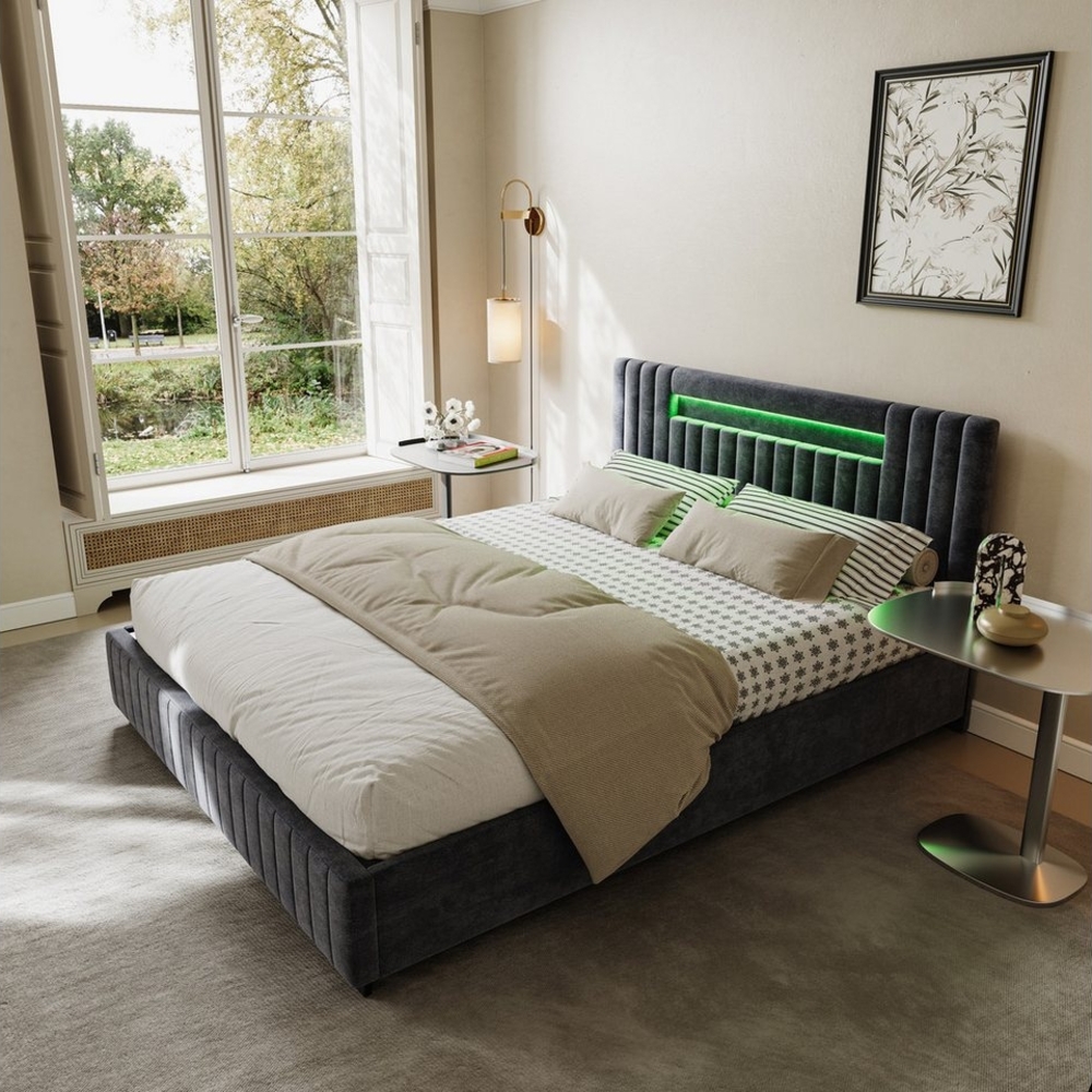 Gdood Polsterbett Stauraumbett LED Doppelbett (Hydraulisch anhebbarer Bettstauraum), Mit LED-Beleuchtung, Kopfteil mit Stauraum, Samt, 140x200 cm Bild 1