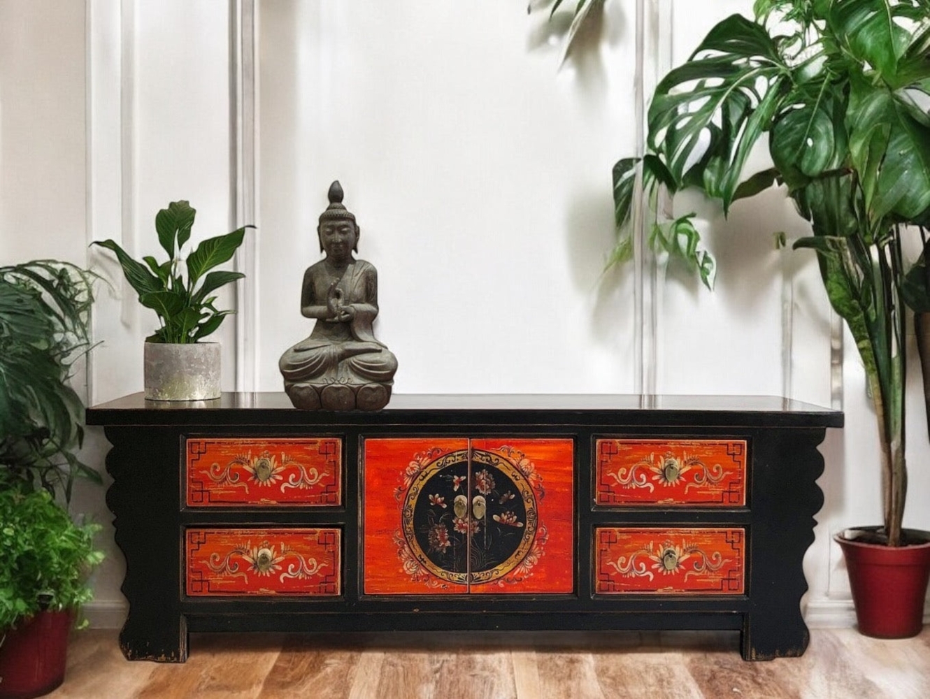 Chinesisches Lowboard Orange Schwarz vintage Kommode TV-Schrank asiatisch Kolonial-Stil Antik-Stil Sideboard orientalisch Fernost shabby-chic Landhaus Bild 1