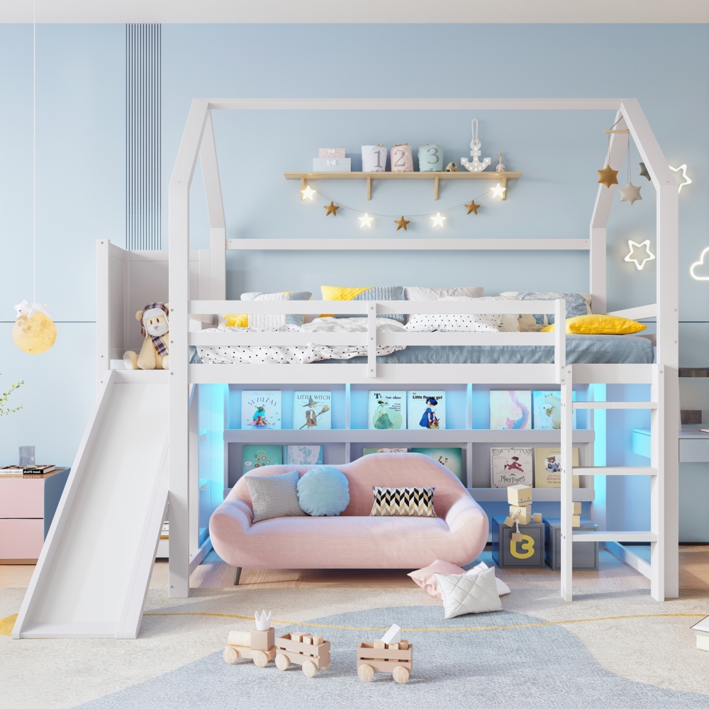 Hochbett 90x200 cm für Kinder mit LED-Lichtleiste, Rutsche und Rolltreppe, Hausform, Regale für Spielzeug & Bücher Bild 1