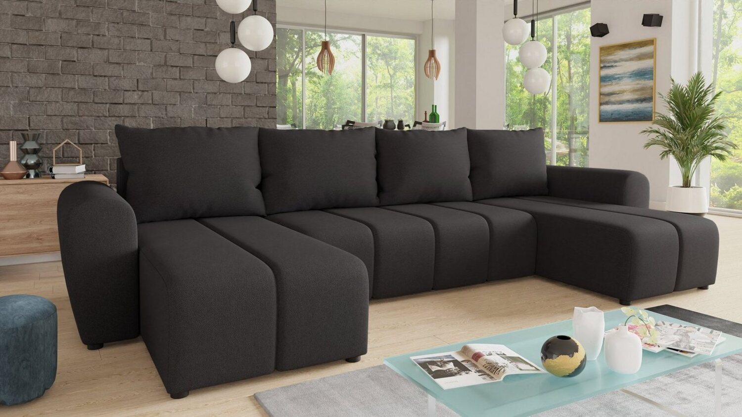 Wohnlandschaft Cleo U mit Schlaffunktion - U-Form Couch, Ecksofa mit Bettkasten, Couchgranitur mit Bettfunktion, Polsterecke, Big Sofa (Schwarz (Soro 100)) Bild 1
