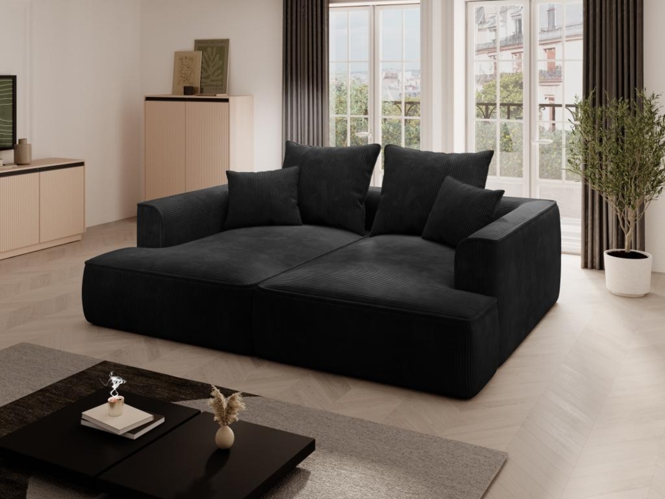 Vente-unique - Sofa 3-Sitzer - tiefe Komfortsitzfläche - Cord - Schwarz - PINETA Bild 1