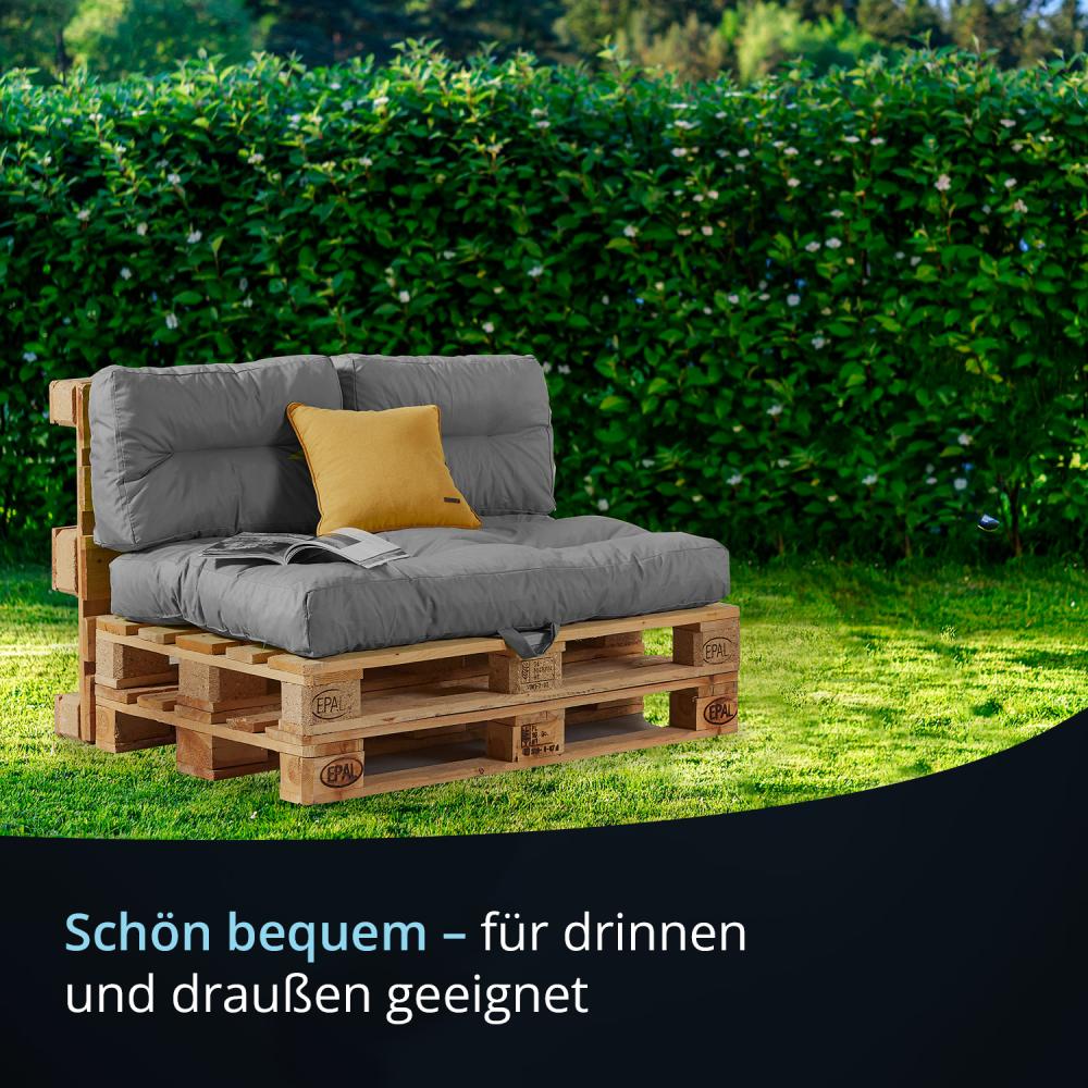 KHG Palettenkissen 3er Set in Grau Bankauflagen Outdoor 3-teilig 1 Sitzkissen 128 x 80 x 15 cm & 2 Rückenkissen 58 x 38 x 13 cm, wasserabweisender Polyester-Stoff, 8kg Bild 1