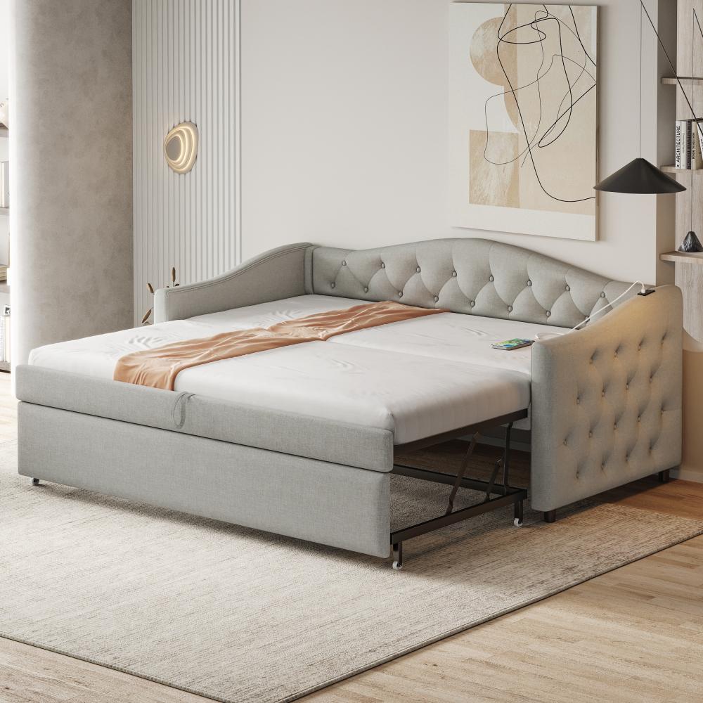 Merax Polsterbett Ausziehbares Schlafsofa, 90*200 cm, Mit USB-Anschluss, Klassische Form mit Knöpfen mit Lattenrost, Multifunktionsbett - Gästebett, Leinenstoff, Grau Bild 1