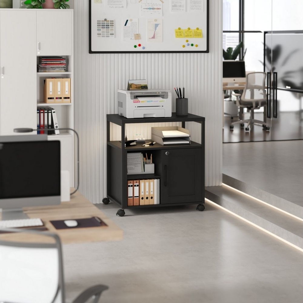 FUFU&GAGA Aktenschrank Druckerschrank mit LED-Lichtleistee, Schwarz, MDF, 60×43,5×65 cm Bild 1