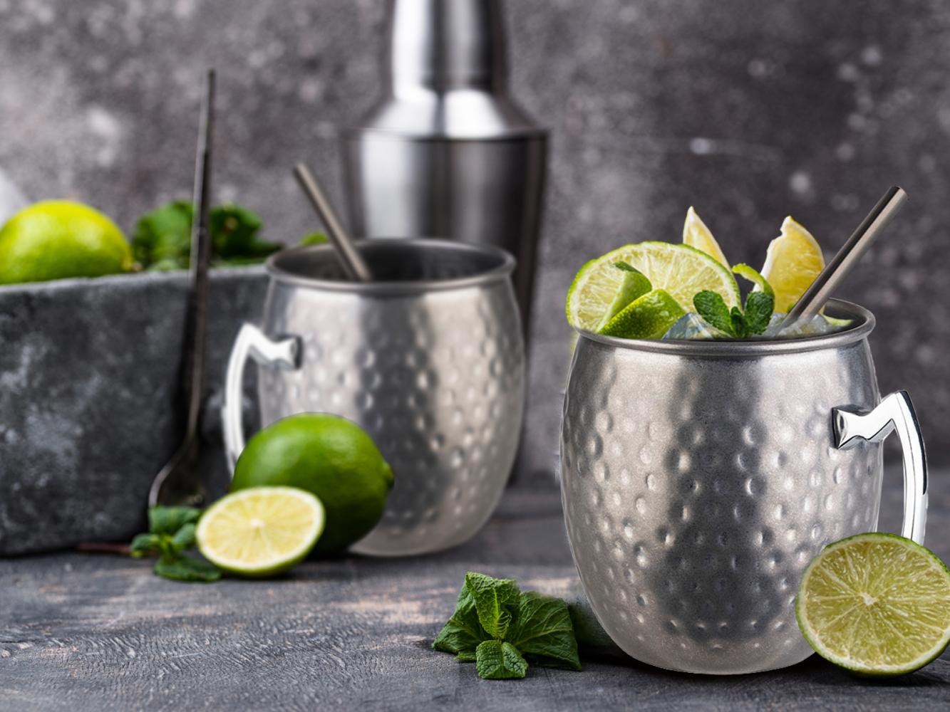 Cocktail-Set MOSCOW MULE 2x Becher, Edelstahl antik inkl. Strohhalme Bild 1