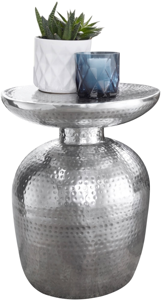 Beistelltisch Aluminium 36,5 x 46 x 36,5 cm Dekotisch Silber orientalisch rund, Designer Ablagetisch Metall modern, Anstelltisch schmal , Kleiner Hammerschlag Abstelltisch Bild 1