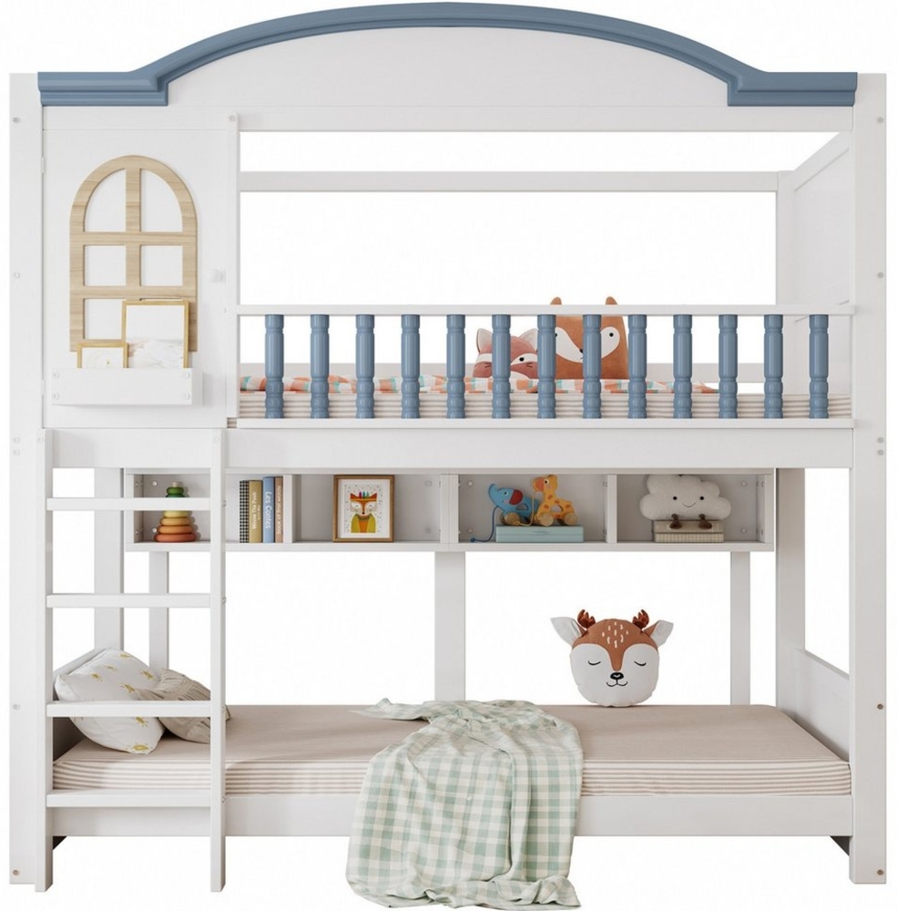 SeedWave Etagenbett Kinderbetten mit 4 offenen Fächern und Sicherheitsgittern, 90x200cm, Für 2 Kinder, Leiter mit 4 Stufen, Bett darunter für extra Stauraum Bild 1