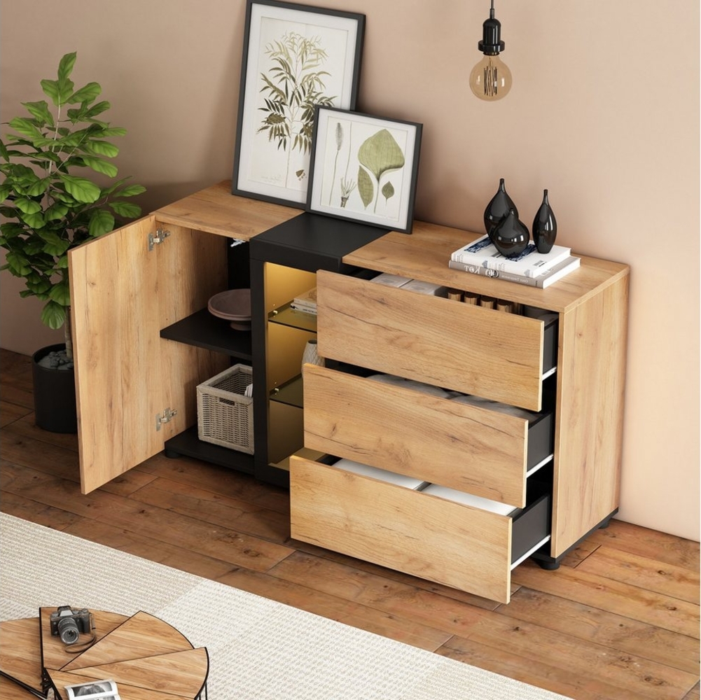 HAUSS SPOLE Sideboard mit 3 Schubladen, Aufbewahrungsschrank mit Glas, LED-Licht natur (Aufbewahrungsschrank, Kommode, Buffet, 1 St, mit 3 Schubladen, 1 Tür), 3 Glasböden (verstellbar) Bild 1