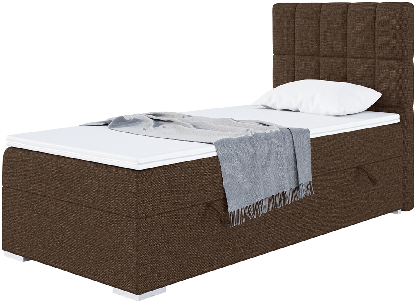 MEBLINI Boxspringbett LUKAS 100x200 cm mit Bettkasten - H3/Braun Webstoff Gepolstert Einzelbett mit Topper & Bonellfederkern-Matratze - 100x200 Rechts Bild 1