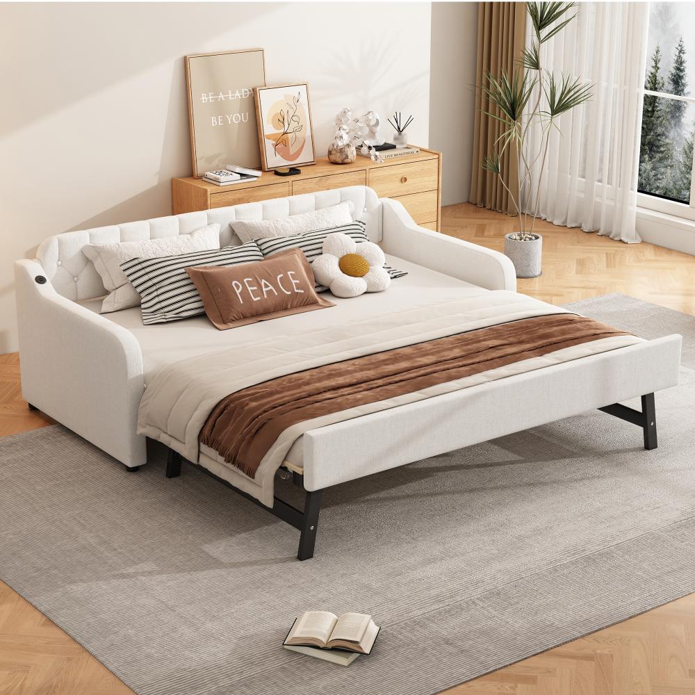 Merax 90*200cm Schlafsofa, Tagesbett, mit ausziehbares Rollbett, USB-Anschluss, beige Bild 1