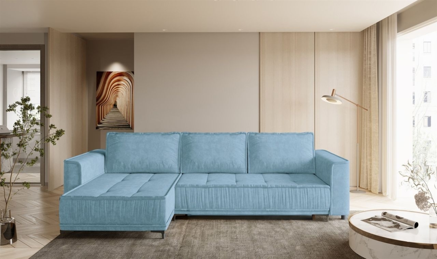 Ecksofa Schlafsofa Sofa JUNA Stoff Terra Azurblau Ottomane Links Bild 1