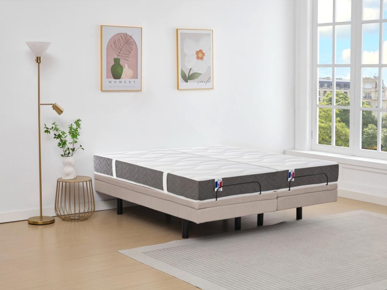 Dekoratives Bett mit elektrischer Relaxfunktion + 3-Zonen-Matratze aus 100 % Latex - 2 x 90 x 200 cm - Stoff - Beige - PANISOLA von DREAMEA Bild 1