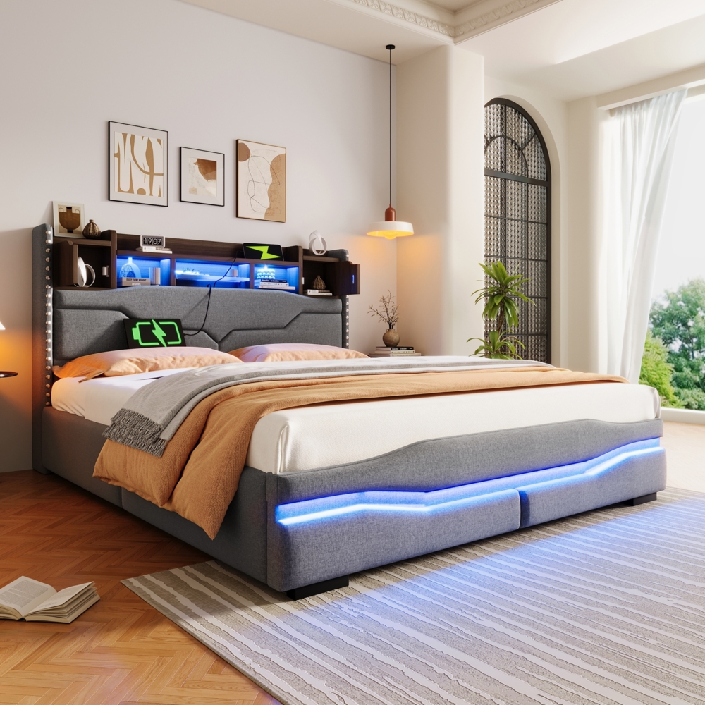 Polsterbett 160×200 cm,Hydraulischer Stauraum & Kopfteil-Staufach, Leinen-MDF-Mix, LED-App & Fernbedienung, Grau Bild 1