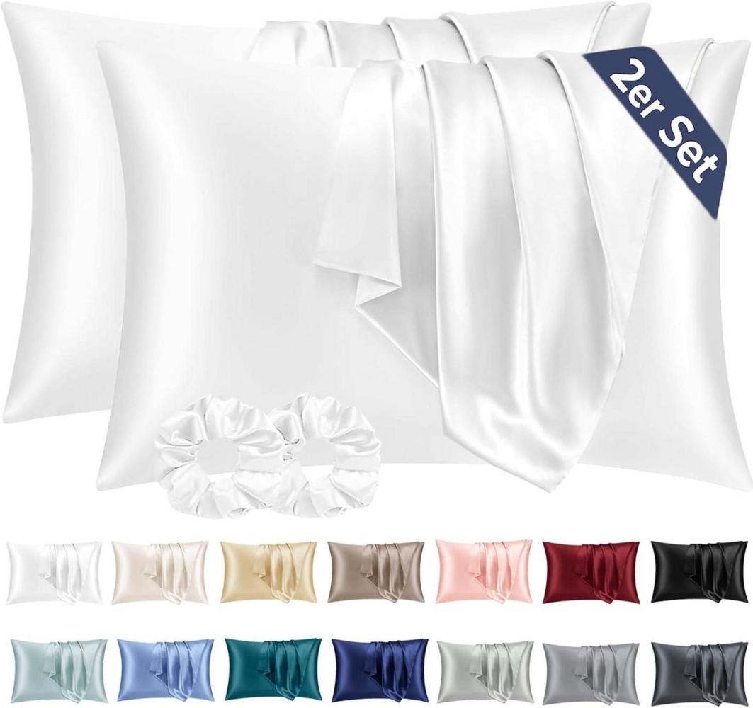 Satin Kissenbezug 2er-Set 40x70 Weiß mit Haargummis, Pflege wie Seide Bild 1