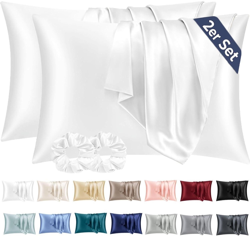 Satin Kissenbezug 2er-Set 40x70 Weiß mit Haargummis, Pflege wie Seide Bild 1