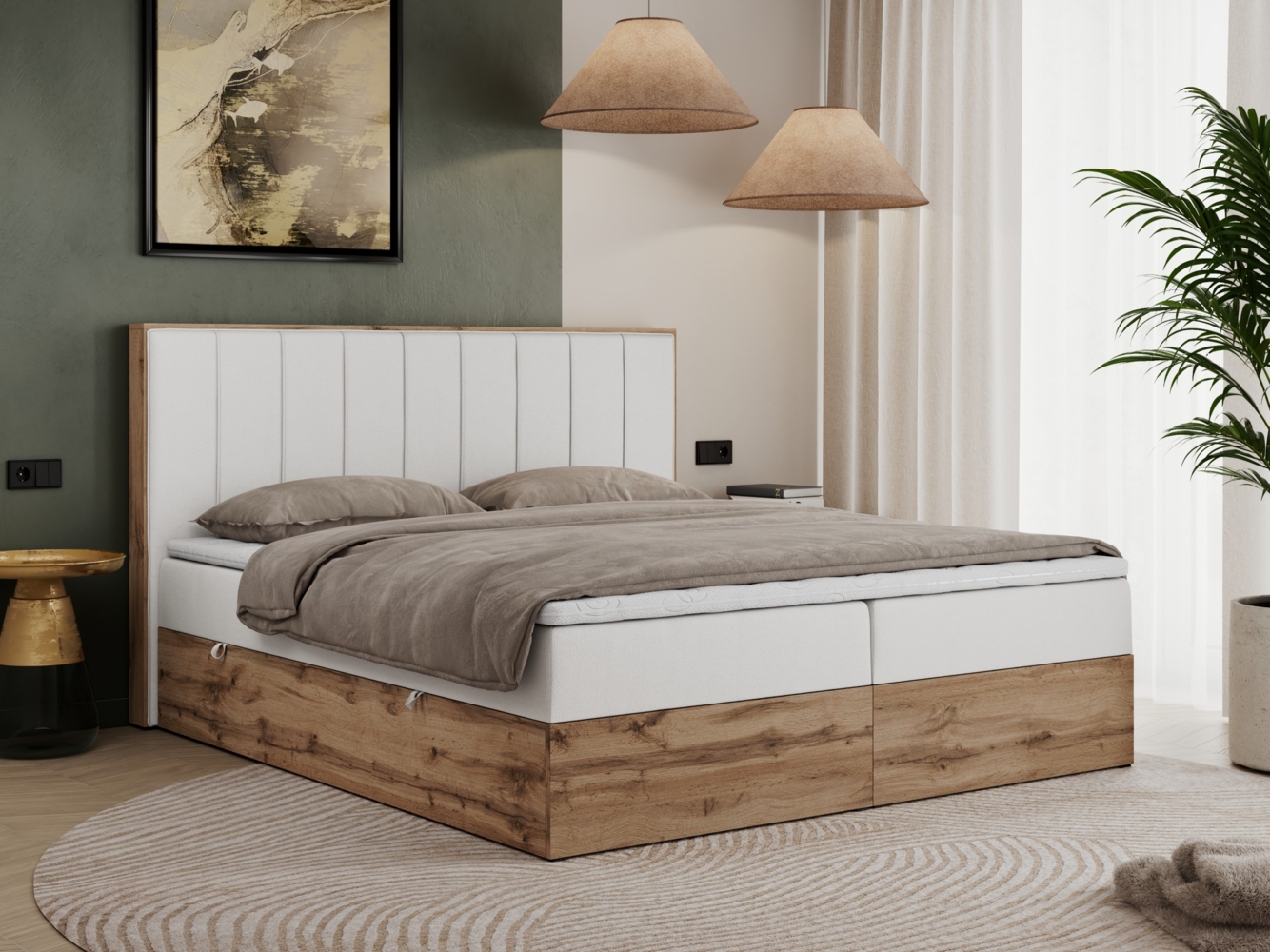 Boxspringbett, Schlafzimmerbett, Bettkasten - BELLISSIMO - 200 x 200 cm - Weiß Kunstleder - H4 Bild 1