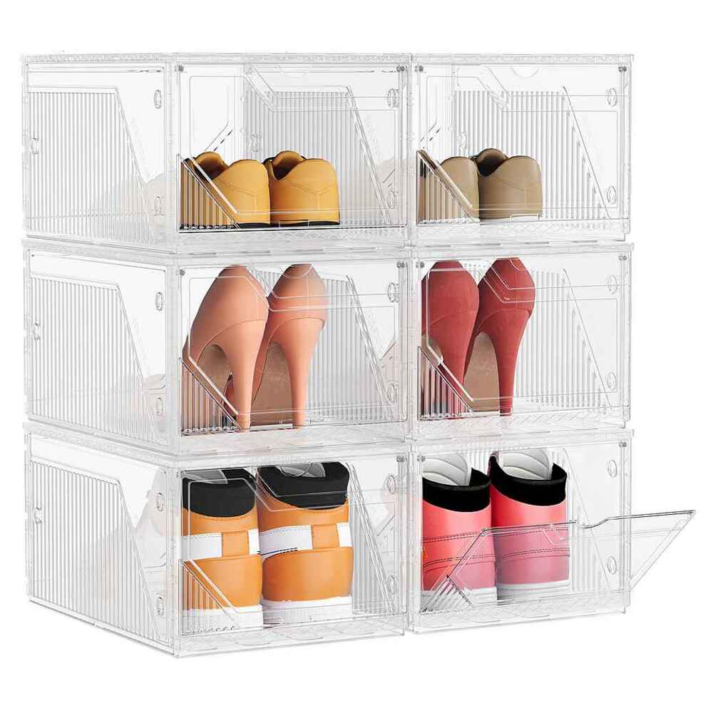 SONGMICS Schuhboxen 6er Set, Schuh-Organizer aus Kunststoff, stapelbar quer und längs, Aufbewahrungsbox mit Magnettverschluss, durchsichtig, für Schuhe bis Größe 46, wolkenweiß Bild 1