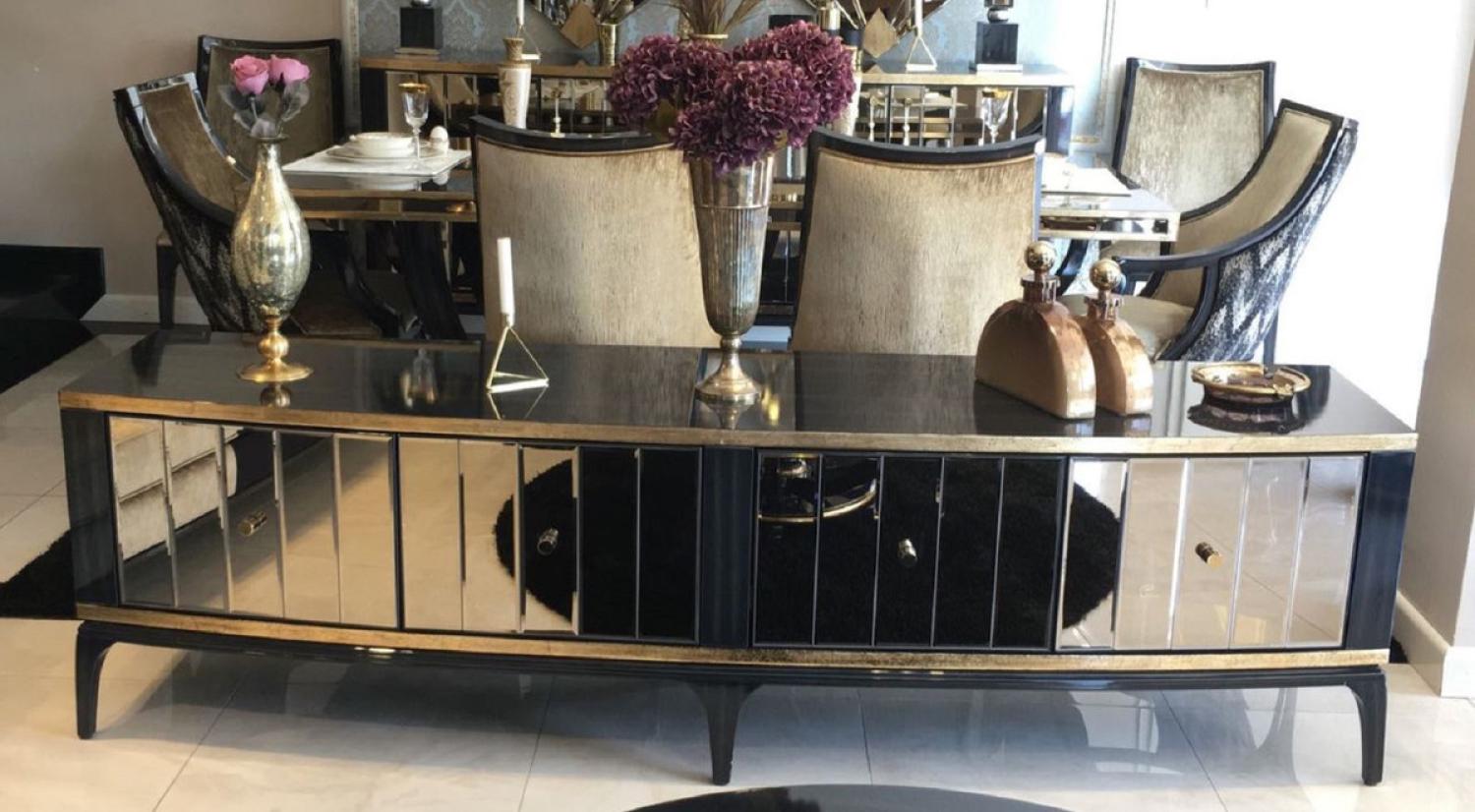 Casa Padrino Luxus Barock TV Schrank Schwarz / Gold 230 x 55 x H. 65 cm - Verspiegelter Massivholz Fernsehschrank - Barock Wohnzimmer Möbel Bild 1