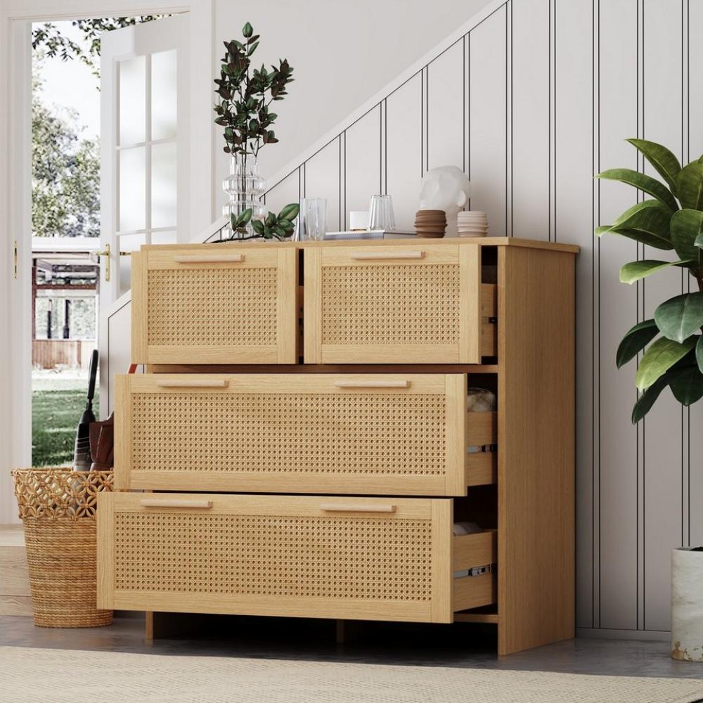 MODFU Sideboard Rattanschrank (Sideboard mit 4-Schubladen und Massivholzgriffen), Maße: B80/H80/T38 cm Bild 1