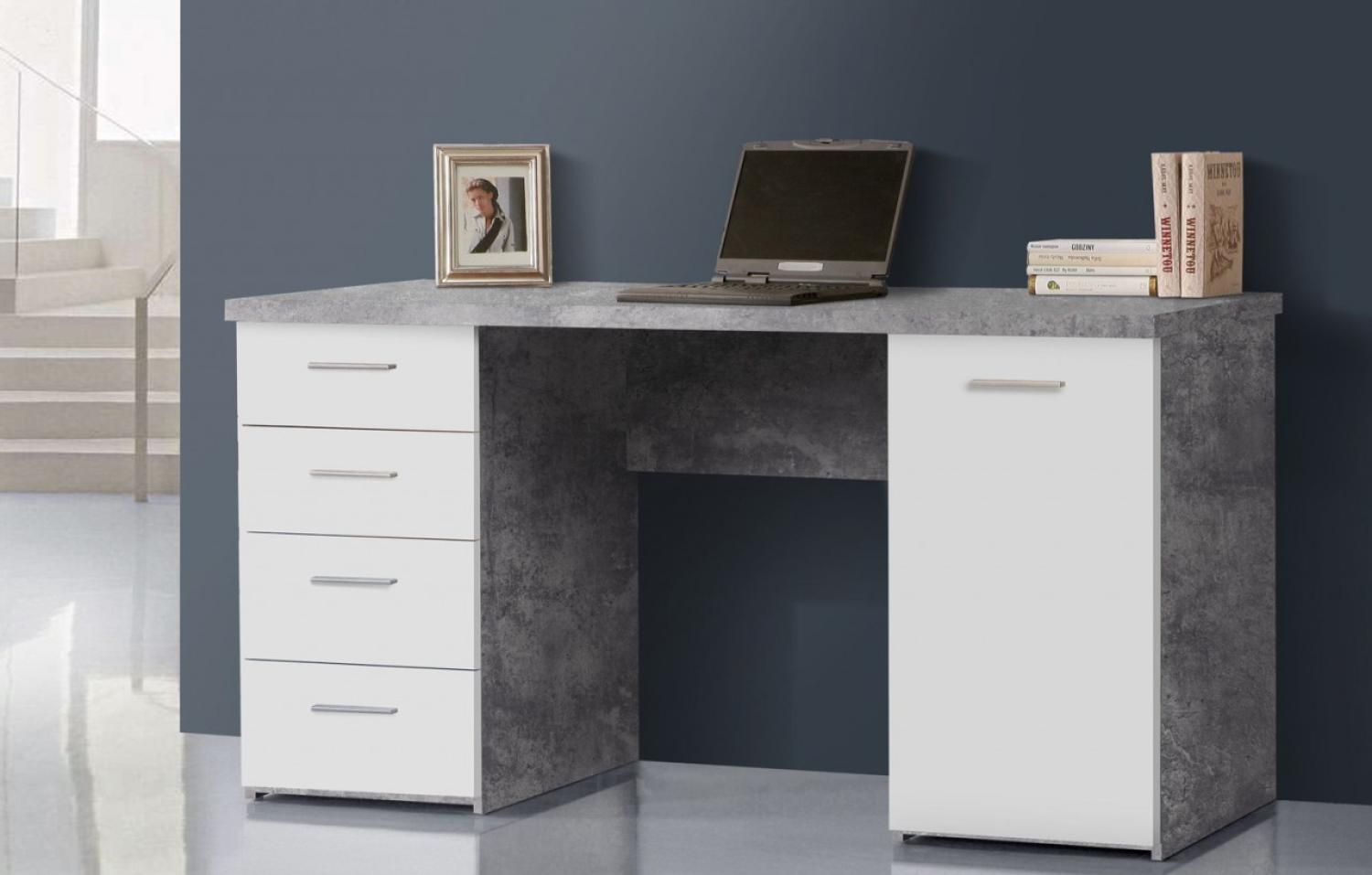 Schreibtisch PC-Tisch Computertisch 145 cm Betonoptik lichtgrau weiß Bild 1