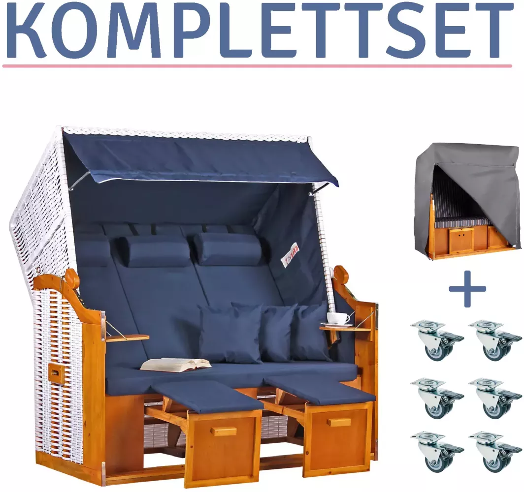 Strandkorb Baltic Dreisitzer PE weiß Dessin Uni Blau-KOMPLETTSET Bild 1