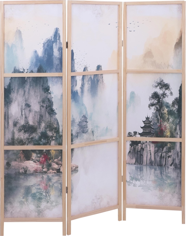 Paravent HWC-O70, Trennwand Sichtschutz Raumtrennung Naturmotive Holz MVG Polyethylen 170x137 cm ~ Berge Bild 1