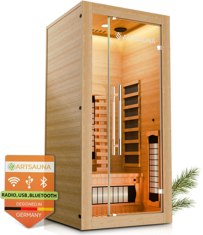 Artsauna Infrarotkabine Kiruna90 Premium mit Vollspektrum- & Flächenstrahler, 1 Person, LED Farblicht & Glastür, Infrarotsauna Sauna Bild 1