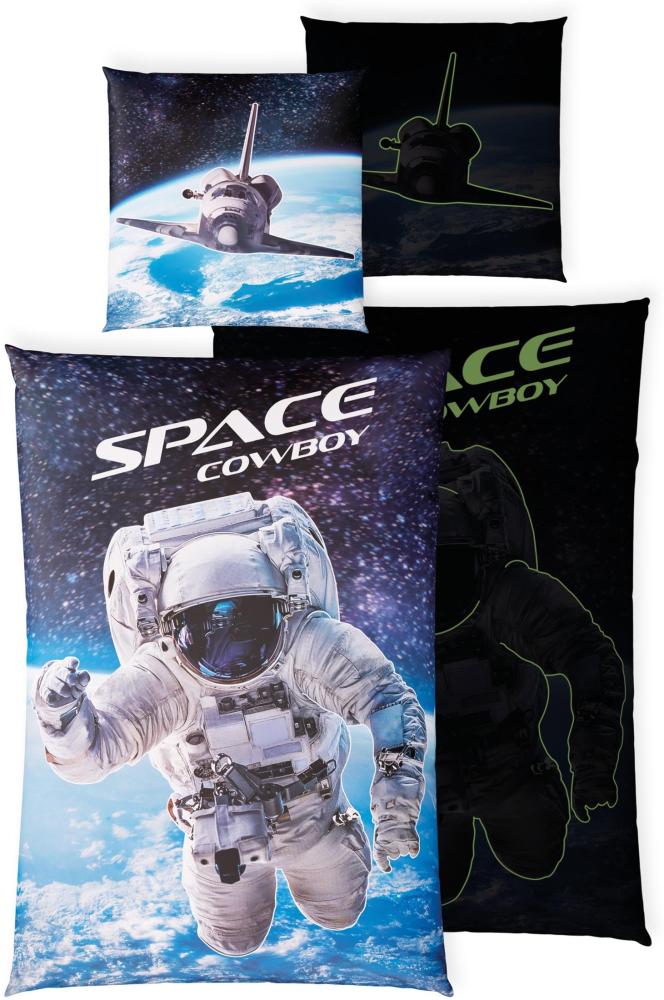 Carpe Sonno Kinderbettwäsche 135x200 Bettwäsche Kinder Jungen Baumwoll Bettbezug leuchtend Bettzeug, Renforcé, 2 teilig, GLOW IN THE DARK Bettwaren Weltall Astronaut Weltraum +10 SPIELE Bild 1