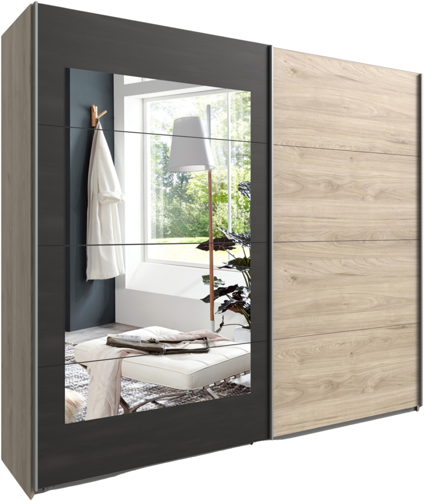 Schwebetürenschrank 2-türig 225cm Spiegel Kleiderstangen Einlegeböden Eiche Grau Bild 1