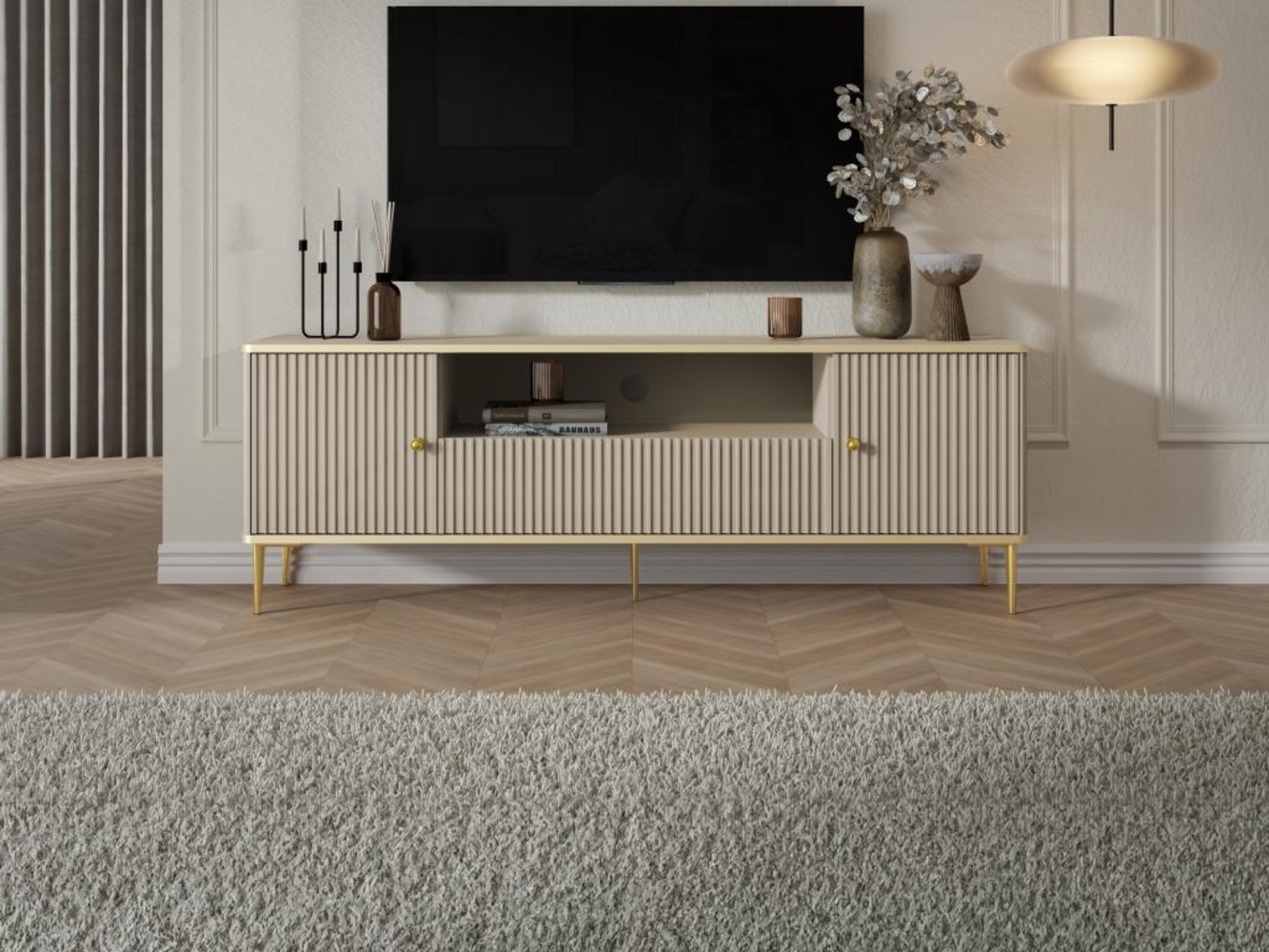 Vente-unique - TV-Möbel - 2 Türen, 1 Schublade und 1 Ablagefach - MDF & Stahl - Beige und Goldfarben - SINEAD von Pascal MORABITO Bild 1