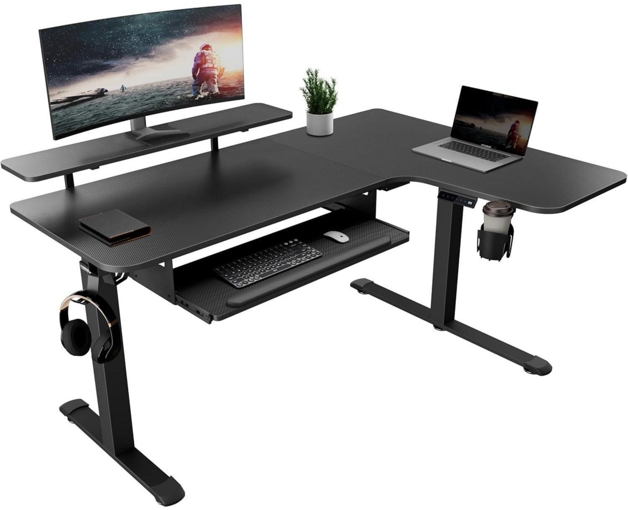 Höhenverstellbarer Eckschreibtisch L-Form 155x110 cm LED Monitorständer Bild 1