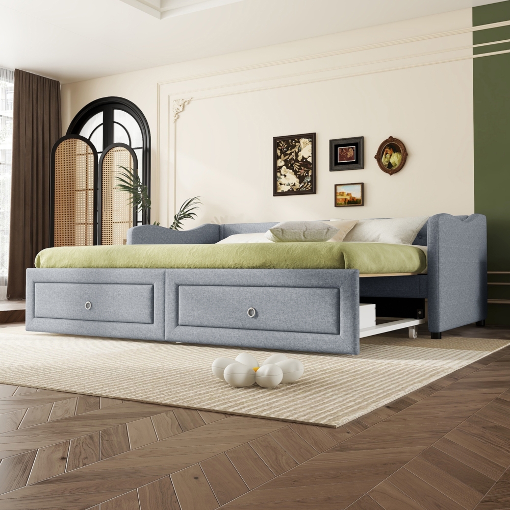 Tagesbett 90x200 cm mit ausziehbarem Rollbett – Multifunktionales Schlafsofa, Einzelbett erweiterbar auf Doppelbett,mit 2 Schubladen,Grau Bild 1