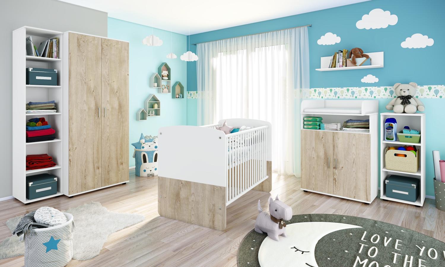 Hanna Set 6: best. aus Babybett, Kommode, Wickelaufsatz, Wandboard, Regal mit 3 Fächern, Regal mit 6 Fchern und Kleiderschrank 2-trg. Bild 1