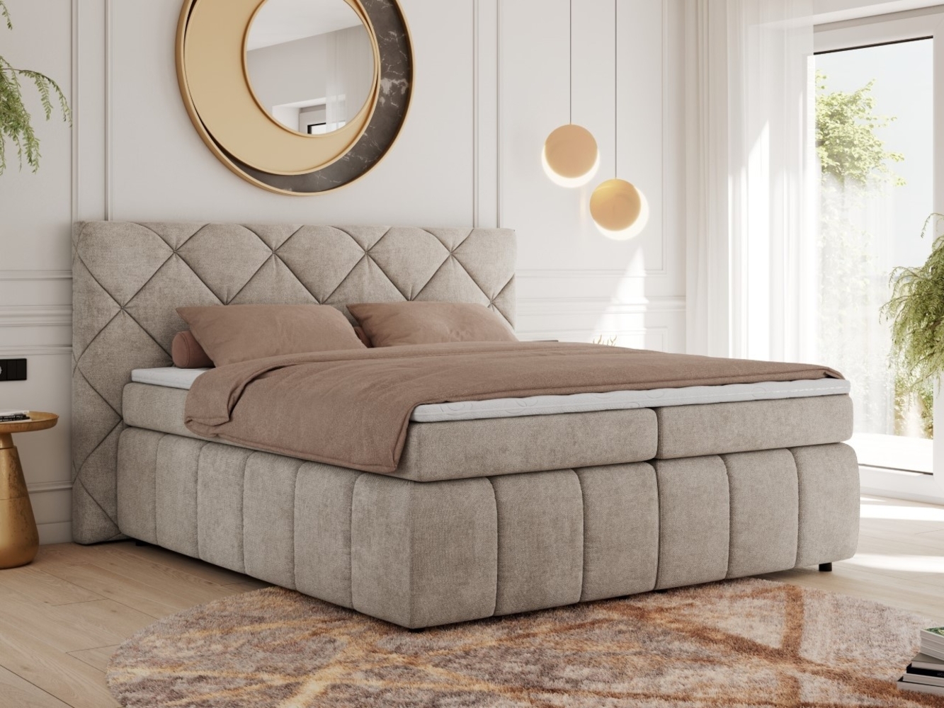 Boxspringbett, Doppelbett, Polsterbett mit Matratzen und Kopfteil - RITA - 160 x 200 cm - Beige Struktur - H3 Bild 1