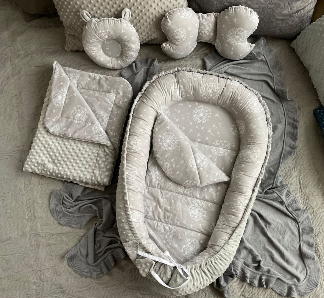 Loolay Bettnestchen MINKY/ Baumwolle BABYNEST Babykokon Geschenk Babyaustattung SET, (MUSTER: PUSTELBLUME Grau/ MINKY grau, SOLO oder im SETS, 5-tlg, Neugeborene Nestchen, Babynestchen, Reisebett von LOOLAY), LOOLAY® - 100% Europäische Stoffe und Klein... Bild 1