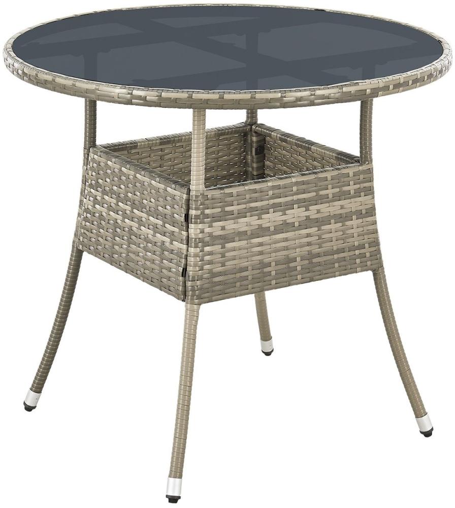 Juskys Polyrattan Gartentisch Yoro wetterfest - Balkontisch Ø 80 cm rund - Rattan Beistelltisch mit Glasplatte - kleiner Tisch für Balkon - Grau Bild 1