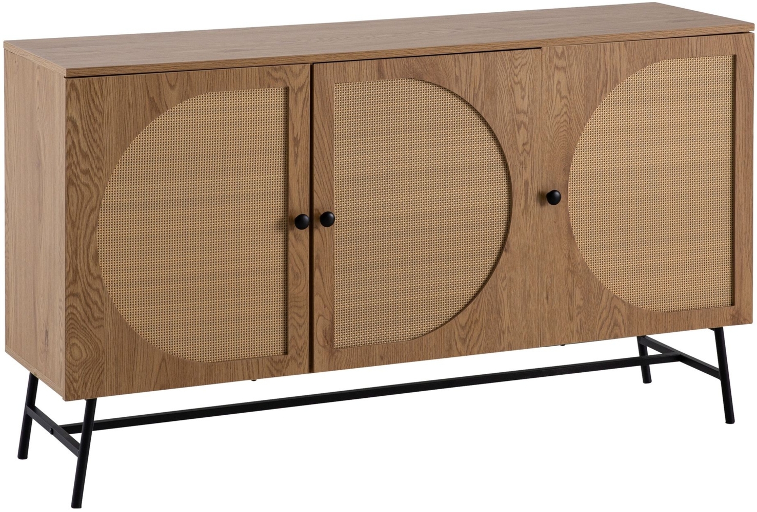 Sideboard 140x80x39 cm Kommode Eiche-Dekor mit Rattan Geflecht Modern, Hoher Kommodenschrank, Standschrank mit 3 Türen, Anrichte Wohnzimmer Bild 1