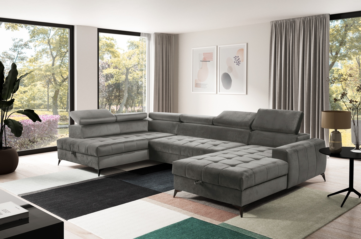 AX LIVING Grau Eckcouch mit Schlaffunktion Arkucio U 345cm modernes R Bild 1
