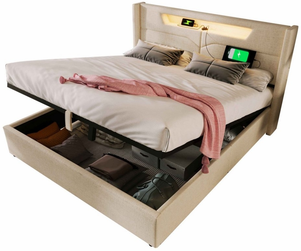 BlingBin Boxspringbett Stauraumbett Polsterbett (1-St, Funktionsbett mit Bettkasten und Lattenrost 160x200 cm), Doppelbett inkl. Farbwechselnde LED-Beleuchtungsleiste Bild 1