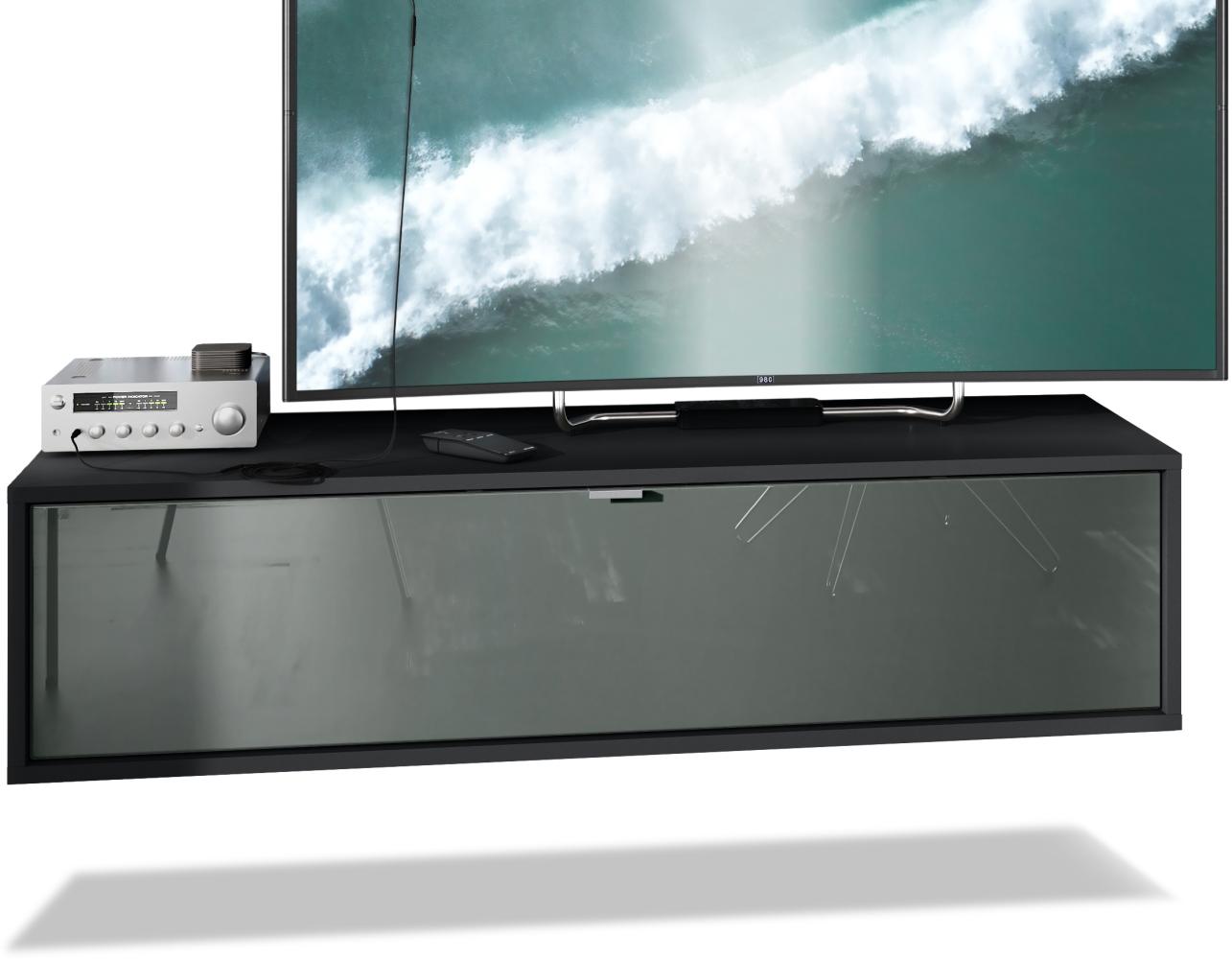 TV Board Lana 120 Hängeschrank Lowboard 120 x 29 x 37 cm, Korpus in Schwarz Matt, Fronten in Grau Hochglanz Bild 1