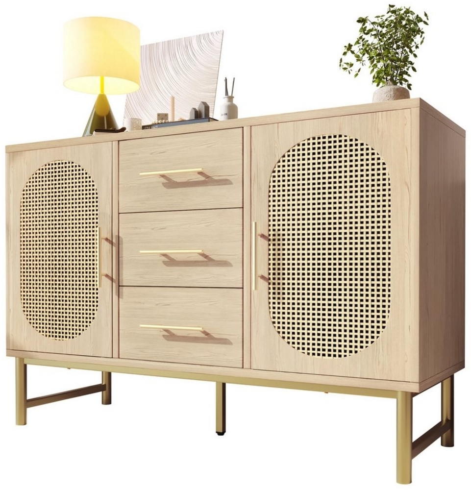 Flieks Kommode, Schrank Sideboard mit 3 Schubladen 2 Türen Rattan Eiche 120x40x74cm Bild 1