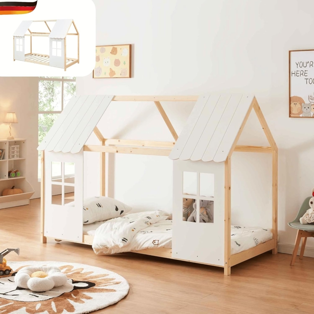 DELUKE® Kinderbett 90x200 GELO - mit Lattenrost Rausfallschutz Haus-OptikEinzelbett aus Holz Hausbett Kinderzimmer Montessori Bett Braun Bild 1