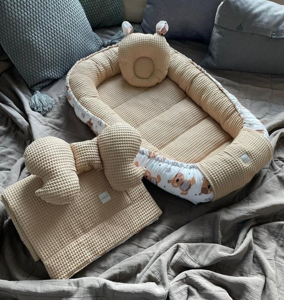 Loolay Bettnestchen TAUPE WAFFELPIQUE Braun TEDDY Baumwolle BABYNEST Babykokon Kokon, (Neugeborene Babyaustattung Reisebett Nestchen SOLO/ o. in Geschenk SETS, 4-tlg, 4 Jahreszeiten ATMUNGSAKTIVER TAUPE WAFFEL), 100% Europäische Stoffe und Kleinserien-... Bild 1