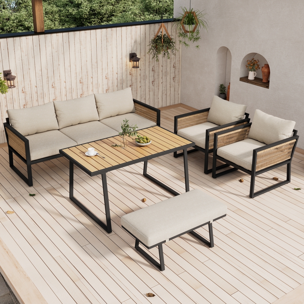 Merax Garten-Essgruppe,Garten Loungesessel Set, 5-tlg. Gartenmöbel Set, 3er Sofa, 2 Sessel, Hocker und Esstisch, Tischplatte aus Kunststoffholz, Armlehnen aus geflochtenem Seil, verzinkter Stahl, Beige Bild 1