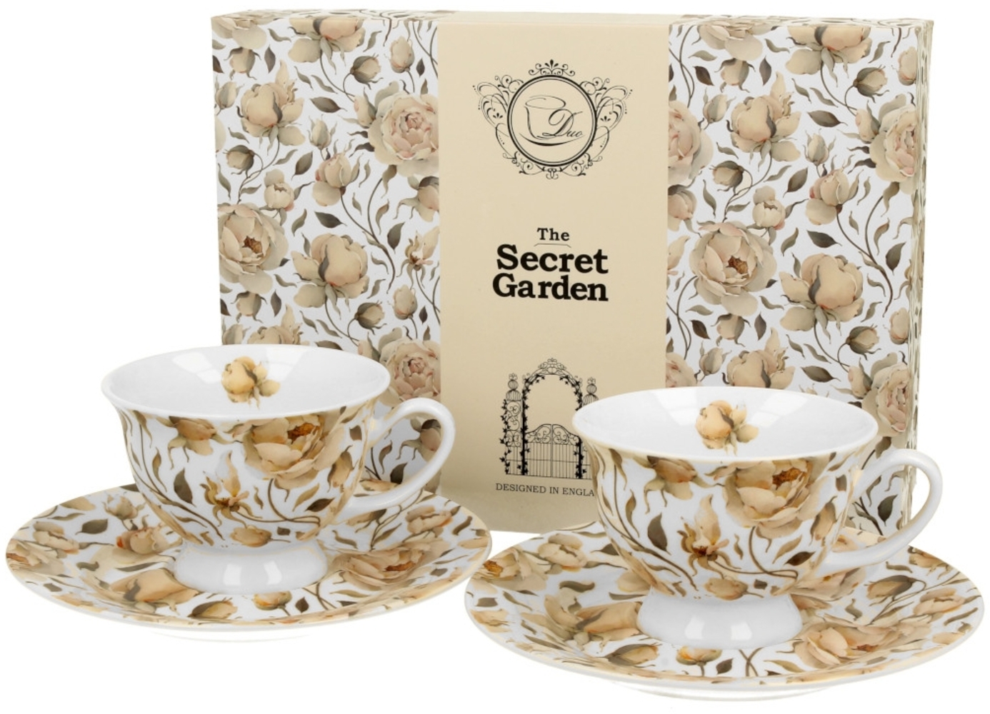 DUO FLORAL 2er-Set Espressotassen 100 ml ENGLISH ROSES WHITE mit Untertassen, New Bone China Porzellan Bild 1